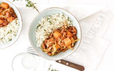 Pumpkin feijoada with thyme rice