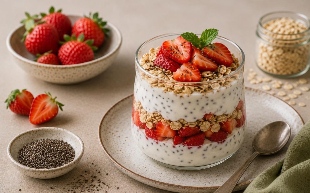 Parfait de iogurte natural com morangos, flocos de aveia e sementes de chia