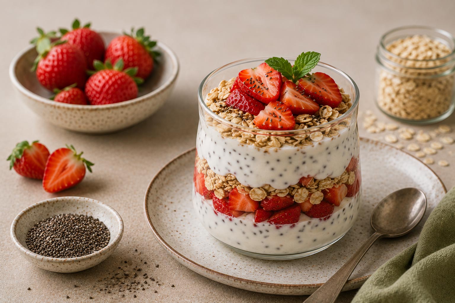 Parfait de iogurte natural com morangos, flocos de aveia e sementes de chia