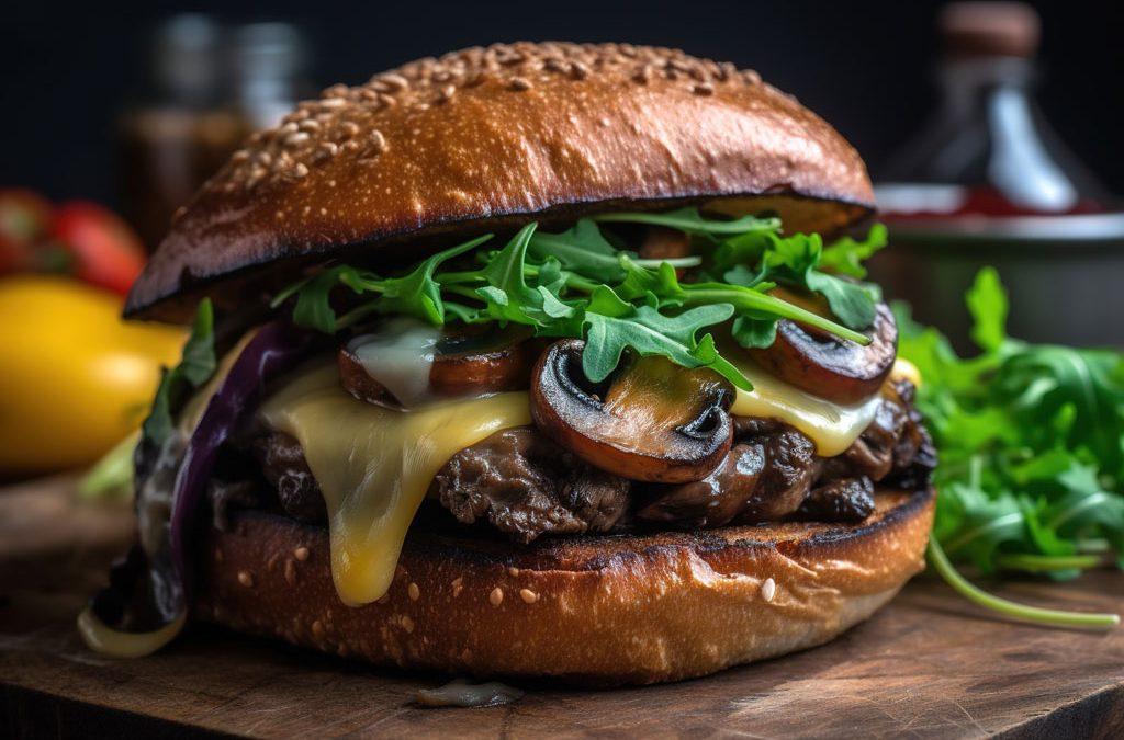 Beef burger with sautéed mushrooms, brie cheese and rocket on a bun