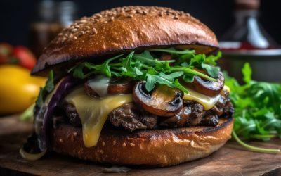Beef burger with sautéed mushrooms, brie cheese and rocket on a bun