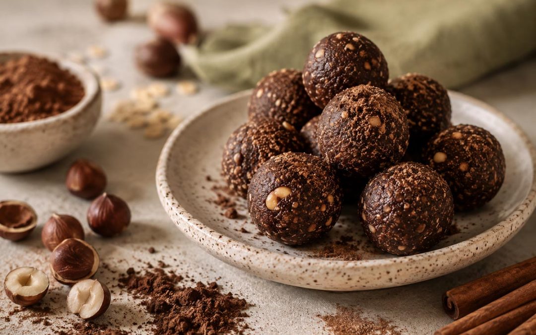 Energy bites de cacau, avelã e canela