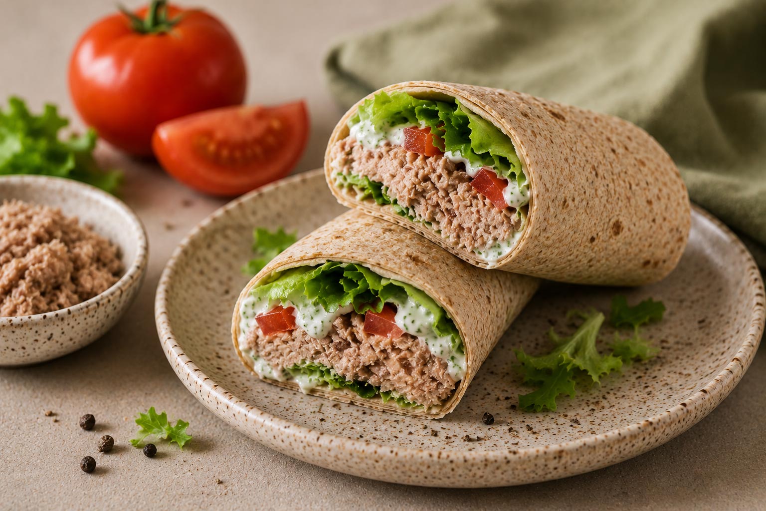 Wrap de atum, tomate, alface e molho de iogurte