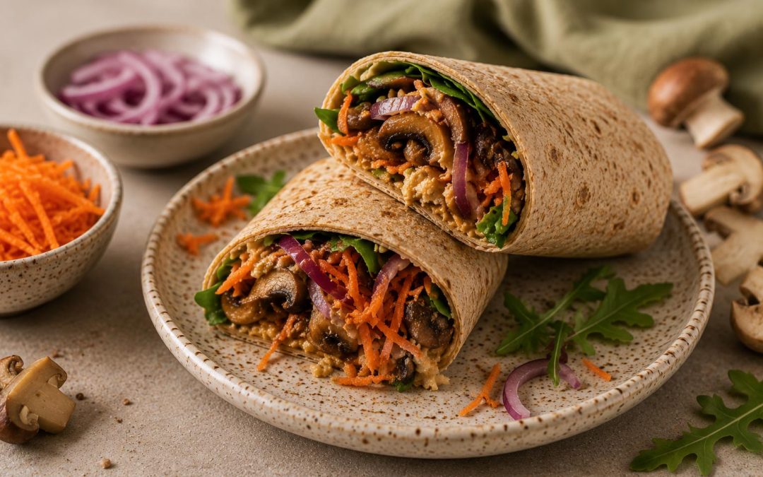 Wrap de húmus, cenoura ralada, cebola roxa e cogumelos salteados